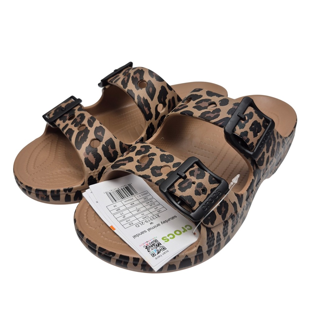 Crocs Women's Animal Print Saturday Two Strap Sandal Sepia Leopard Size 9